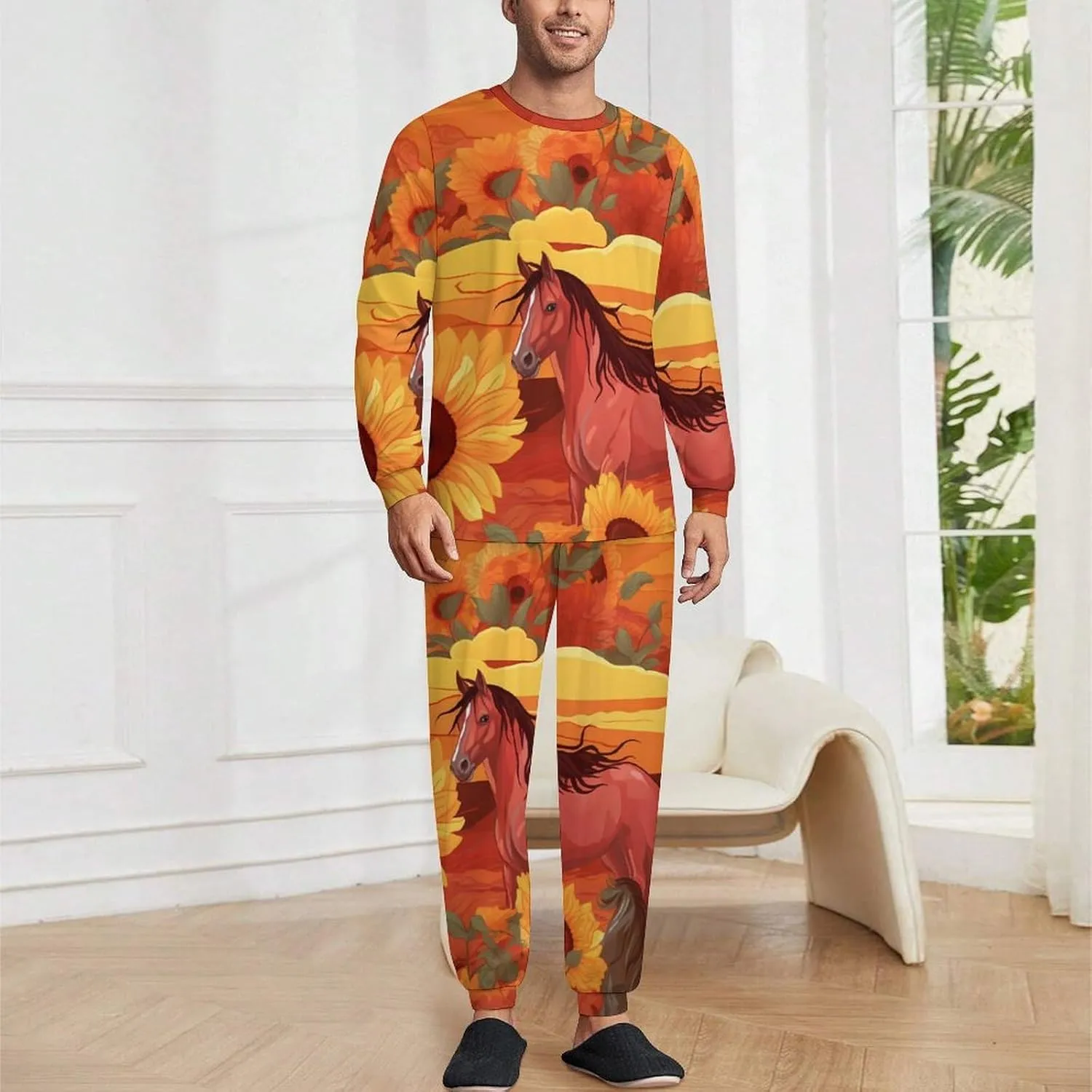 Sunflower Red Horse Mens Pajamas Set Long Sleeve Sleepwear Set Soft Underwear Set Loungewear