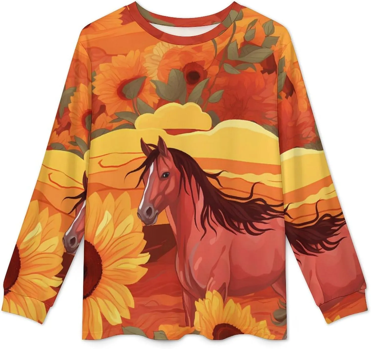 Sunflower Red Horse Mens Pajamas Set Long Sleeve Sleepwear Set Soft Underwear Set Loungewear
