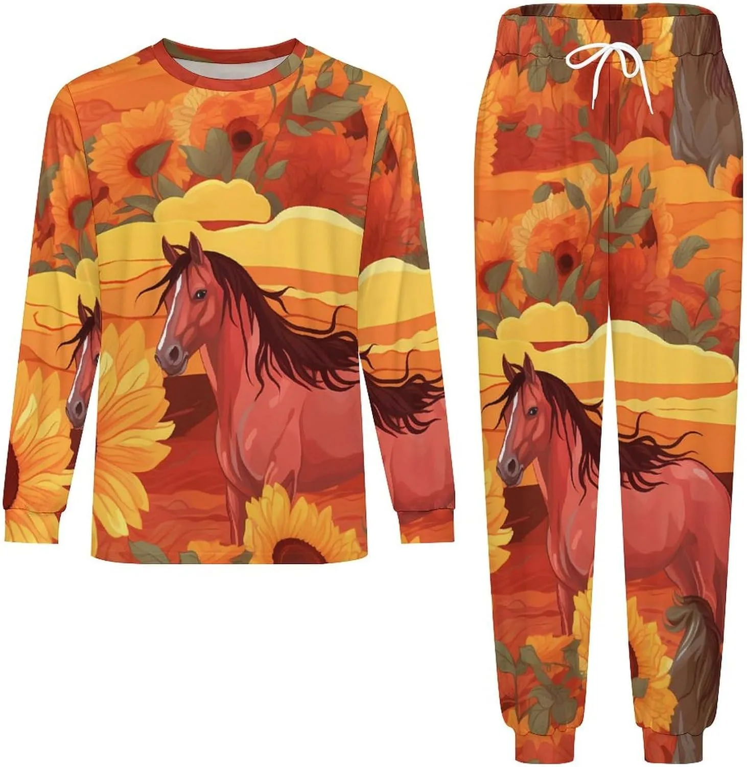 Sunflower Red Horse Mens Pajamas Set Long Sleeve Sleepwear Set Soft Underwear Set Loungewear