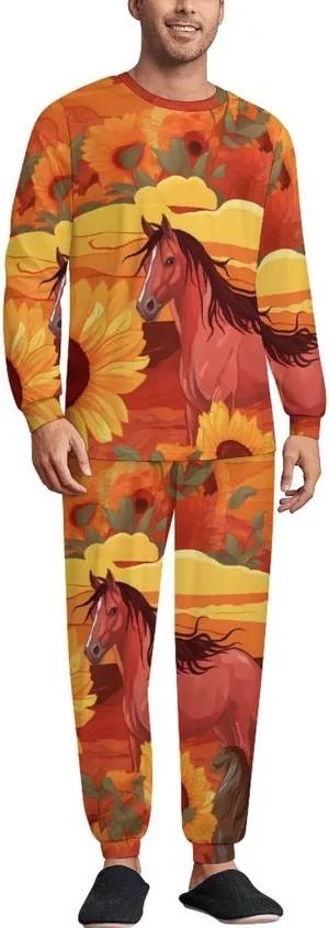 Sunflower Red Horse Mens Pajamas Set Long Sleeve Sleepwear Set Soft Underwear Set Loungewear