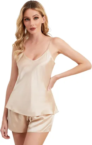 THXSILK Pure Mulberry Silk Women's Pajamas Set, V Neckline Pj Set Ladies Pajamas Sets Womens Loungewear Set Cami Shorts Set