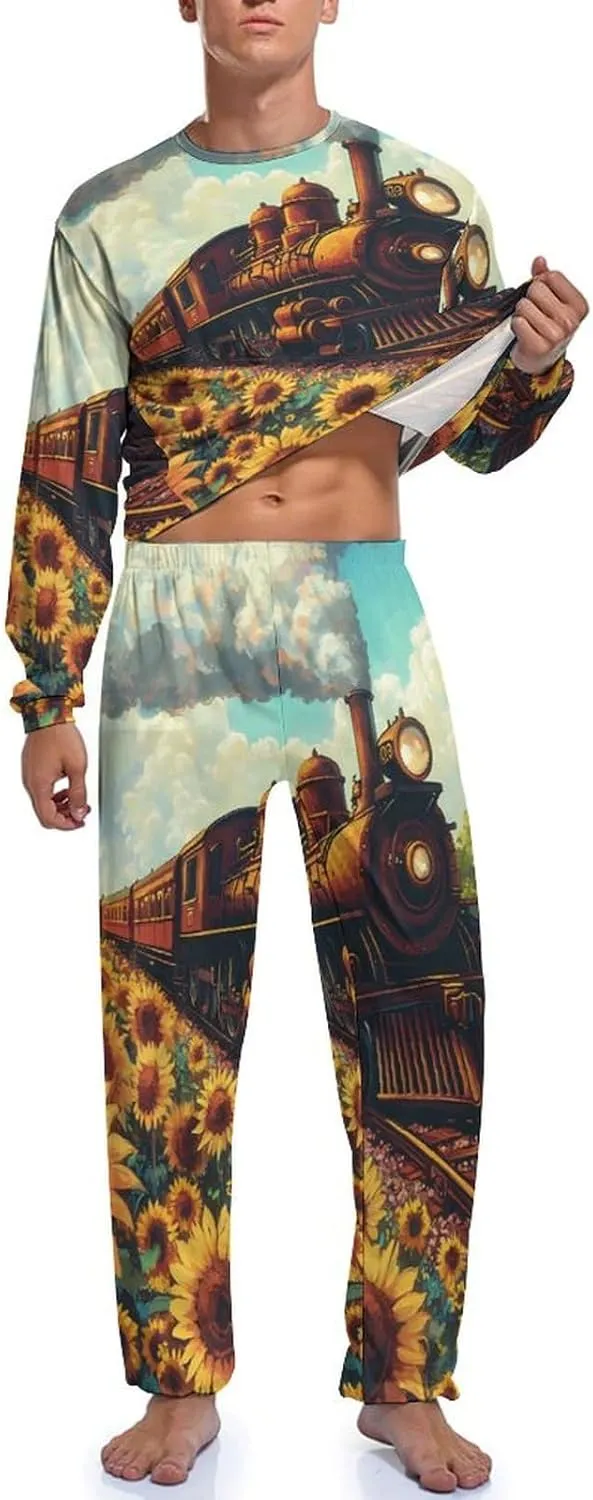Train Sunflower Mens Pajamas Set Long Sleeves Sleepwear Loungewear PJ Set Lounge Set Sleep Set