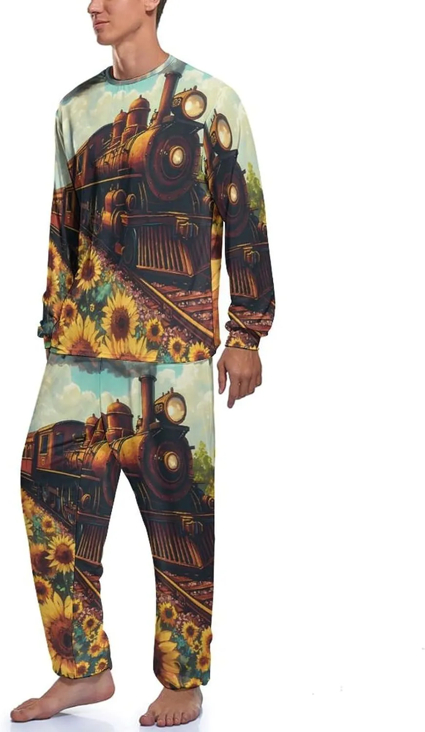 Train Sunflower Mens Pajamas Set Long Sleeves Sleepwear Loungewear PJ Set Lounge Set Sleep Set