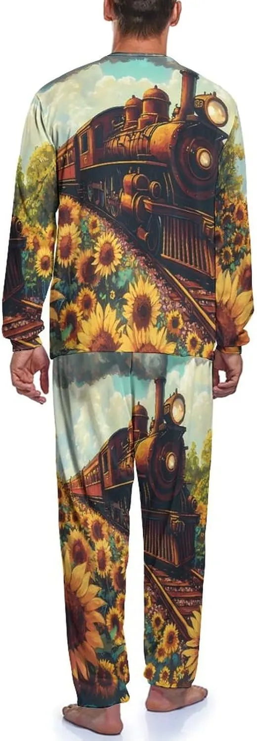 Train Sunflower Mens Pajamas Set Long Sleeves Sleepwear Loungewear PJ Set Lounge Set Sleep Set