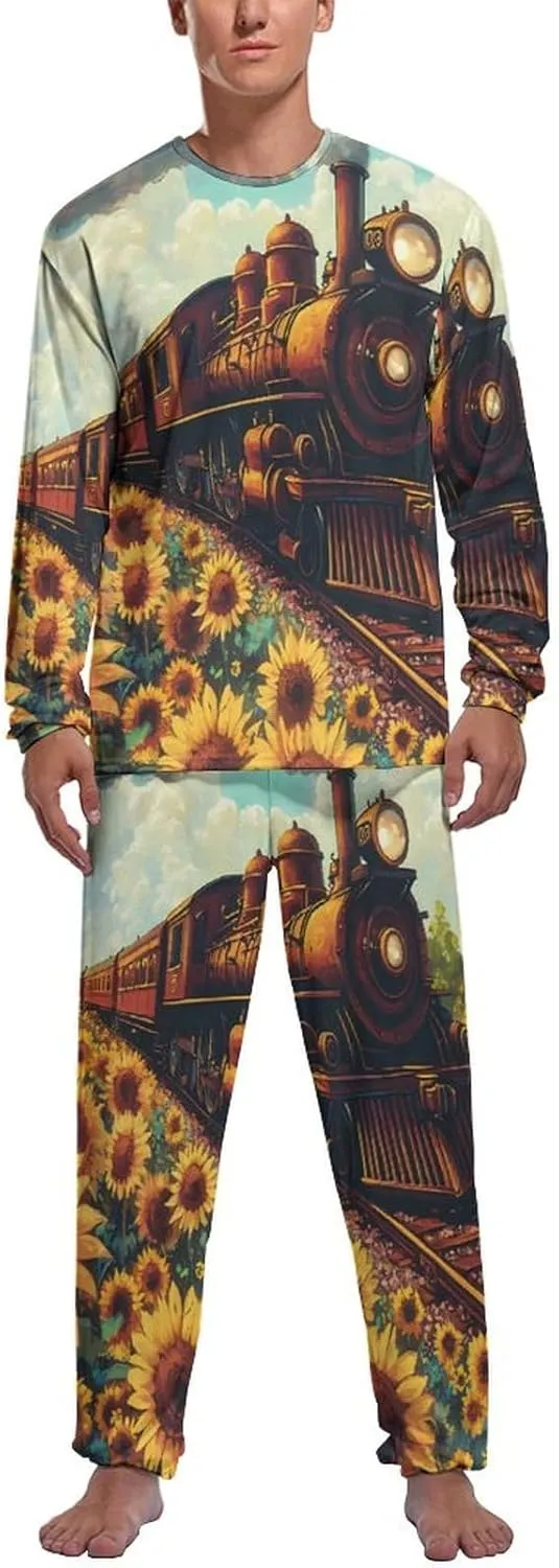 Train Sunflower Mens Pajamas Set Long Sleeves Sleepwear Loungewear PJ Set Lounge Set Sleep Set