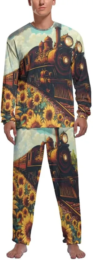 Train Sunflower Mens Pajamas Set Long Sleeves Sleepwear Loungewear PJ Set Lounge Set Sleep Set