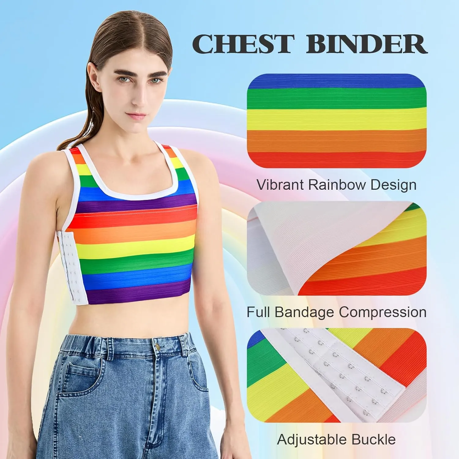 Transgender Chest Binder Tomboy FTM Rainbow Elastic Band Trans Bra Binder Breathable Compression Tank Top