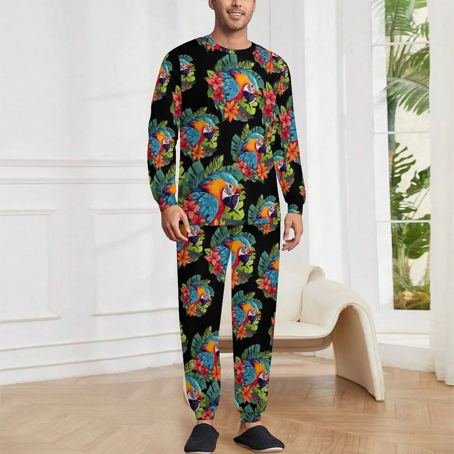 Tropical Parrots Mens Pajamas Set Long Sleeve Sleepwear Set Soft Underwear Set Loungewear
