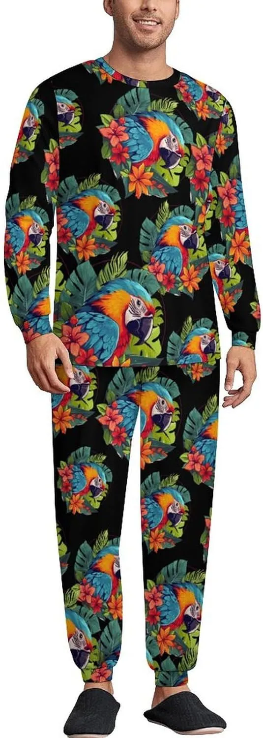 Tropical Parrots Mens Pajamas Set Long Sleeve Sleepwear Set Soft Underwear Set Loungewear