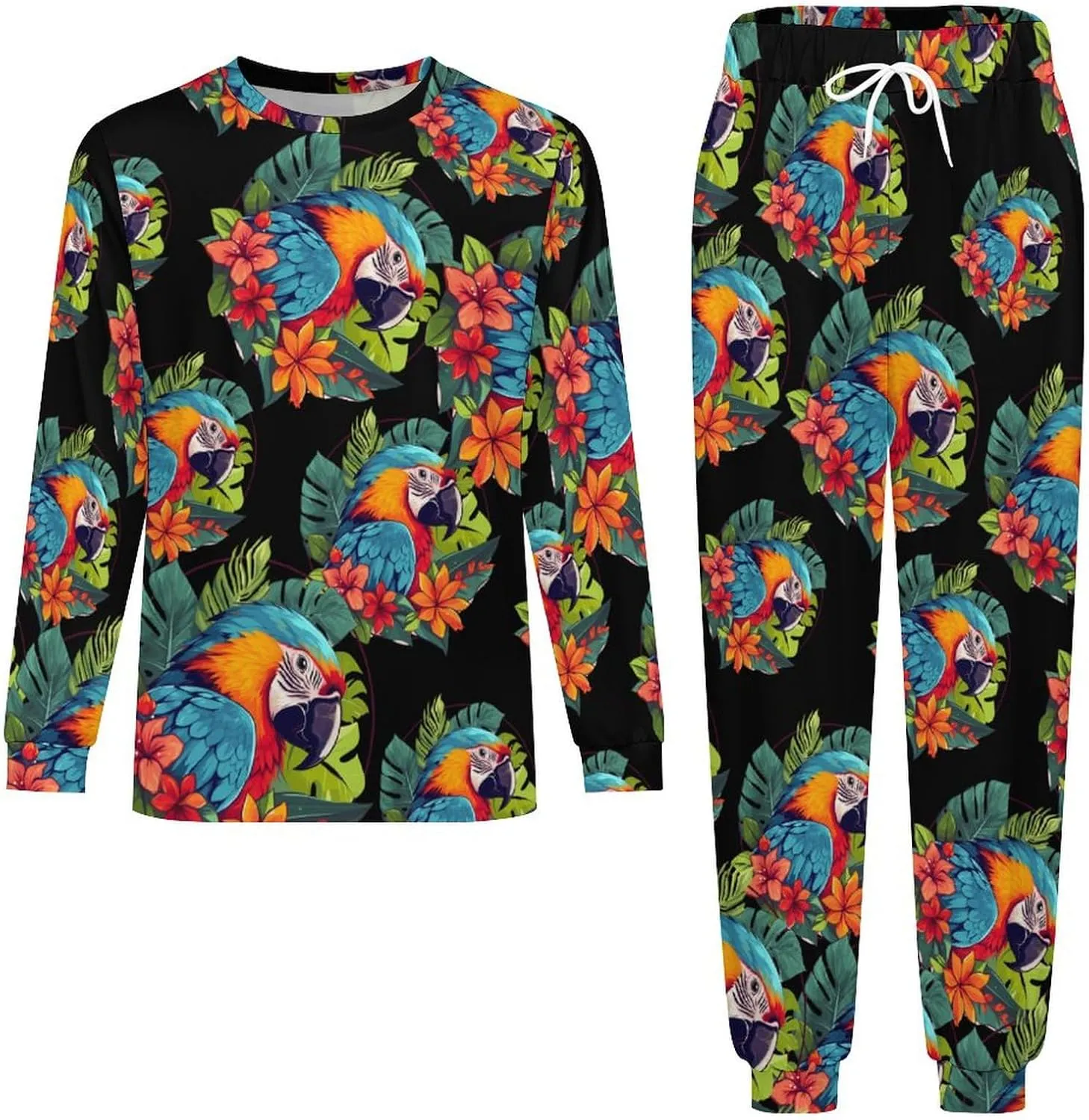 Tropical Parrots Mens Pajamas Set Long Sleeve Sleepwear Set Soft Underwear Set Loungewear