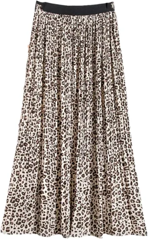 Vintage Leopard Print Chiffon Midi Skirt Women A Line Elastic High Waist Pleated Skirt