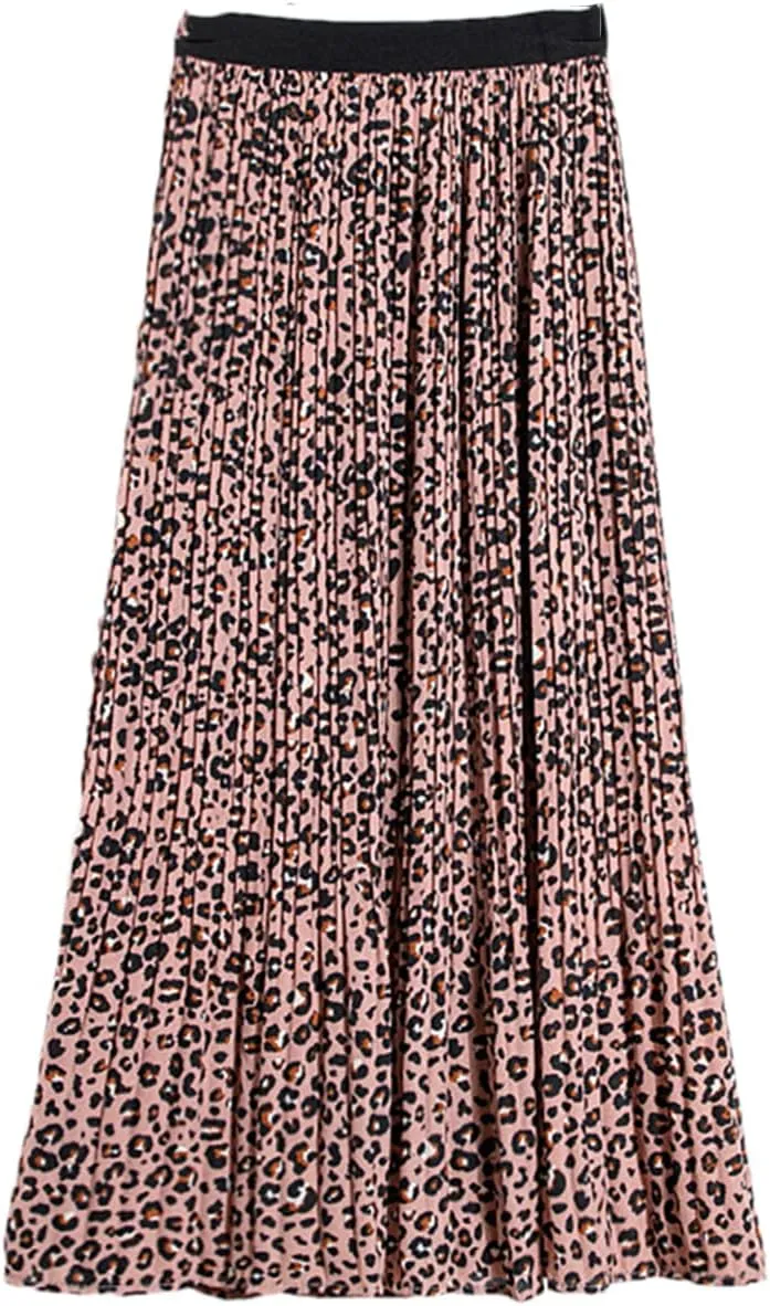 Vintage Leopard Print Chiffon Midi Skirt Women A Line Elastic High Waist Pleated Skirt