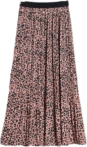 Vintage Leopard Print Chiffon Midi Skirt Women A Line Elastic High Waist Pleated Skirt