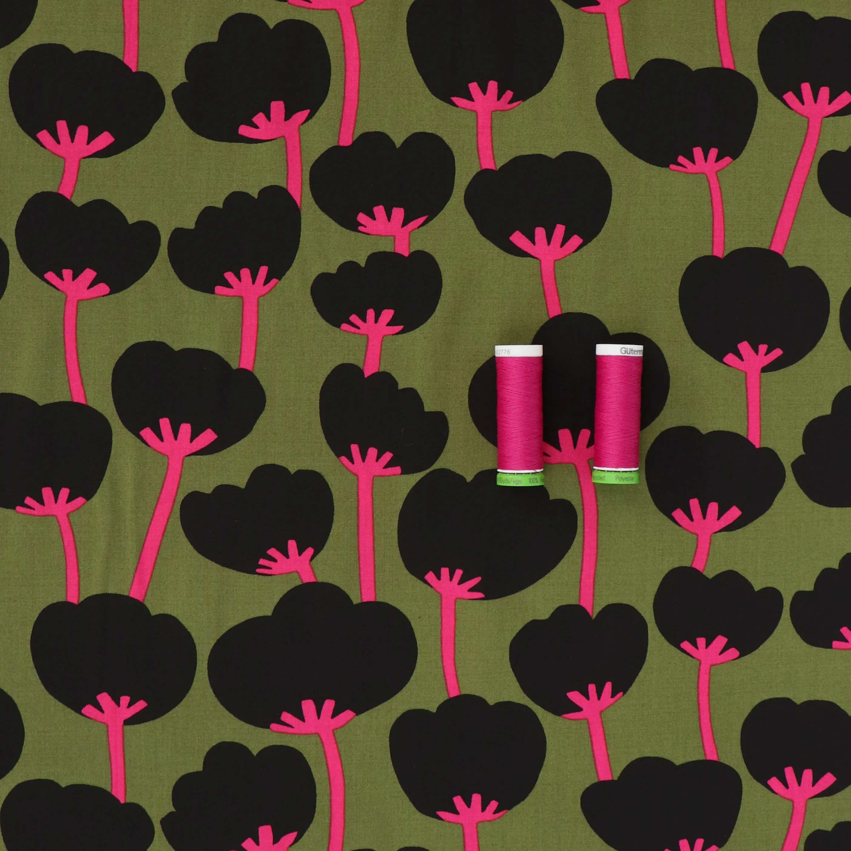 Viscose Lawn with Lenzing™️ EcoVero™️ viscose fibres - Nerida Hansen X Verhees Collab- Poppies Moss Green