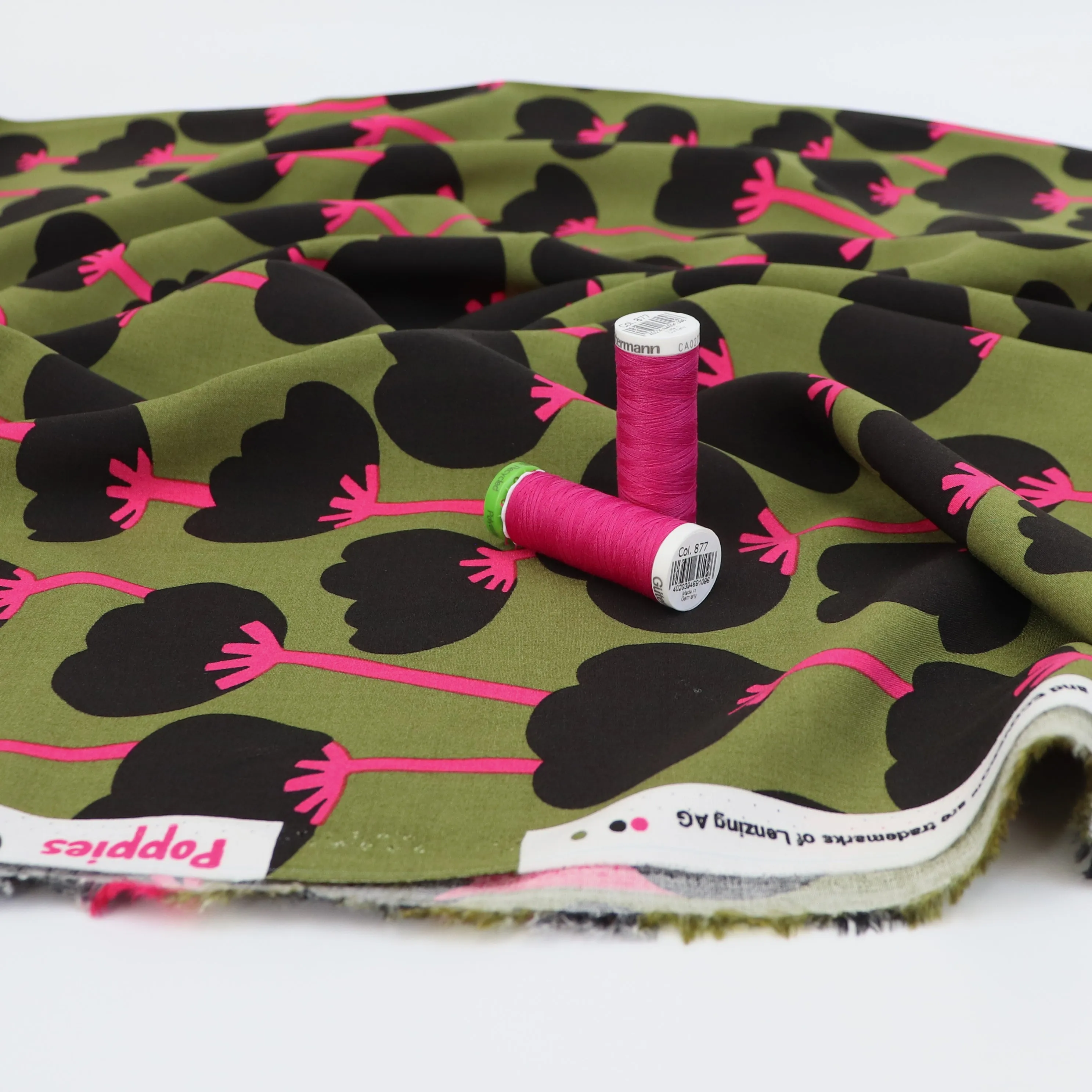 Viscose Lawn with Lenzing™️ EcoVero™️ viscose fibres - Nerida Hansen X Verhees Collab- Poppies Moss Green