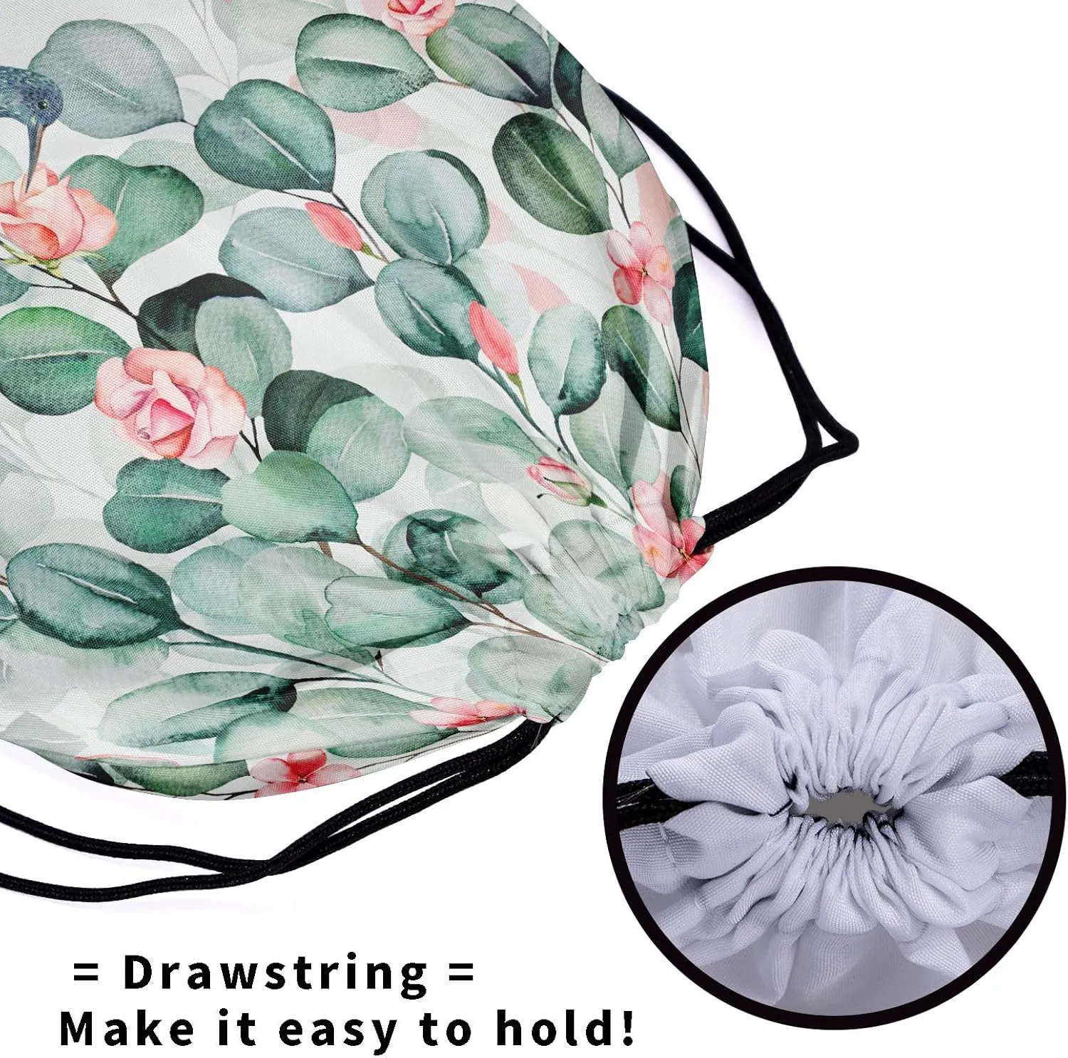 Watercolor Eucalyptus Leaves Grip Bag - Green Leaf Gymnastics Grip Bags Spring Hummingbird Drawstring Bag Cute Birds Flowers Pouch Bag Paint Artwork Athlete String Bag for Grips Shoe Towel