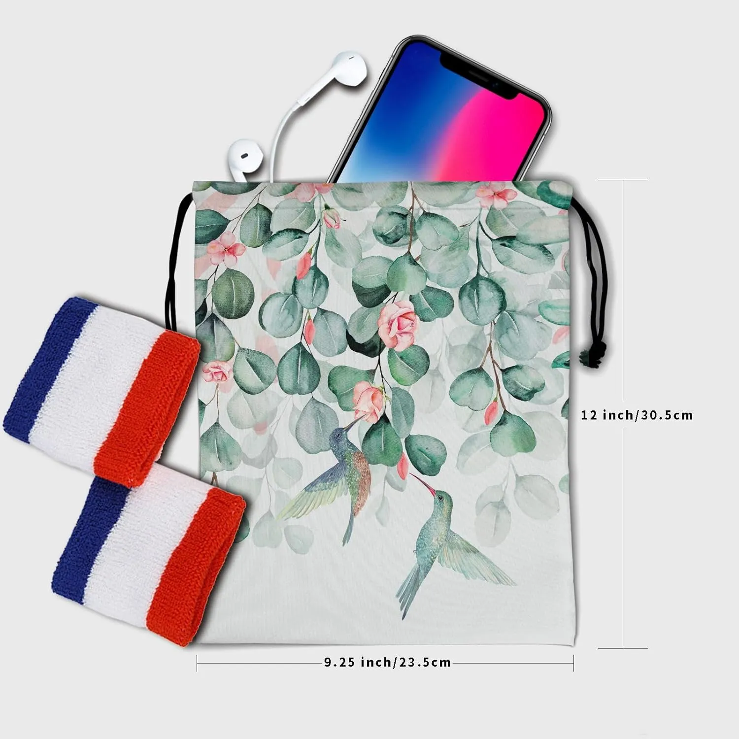 Watercolor Eucalyptus Leaves Grip Bag - Green Leaf Gymnastics Grip Bags Spring Hummingbird Drawstring Bag Cute Birds Flowers Pouch Bag Paint Artwork Athlete String Bag for Grips Shoe Towel