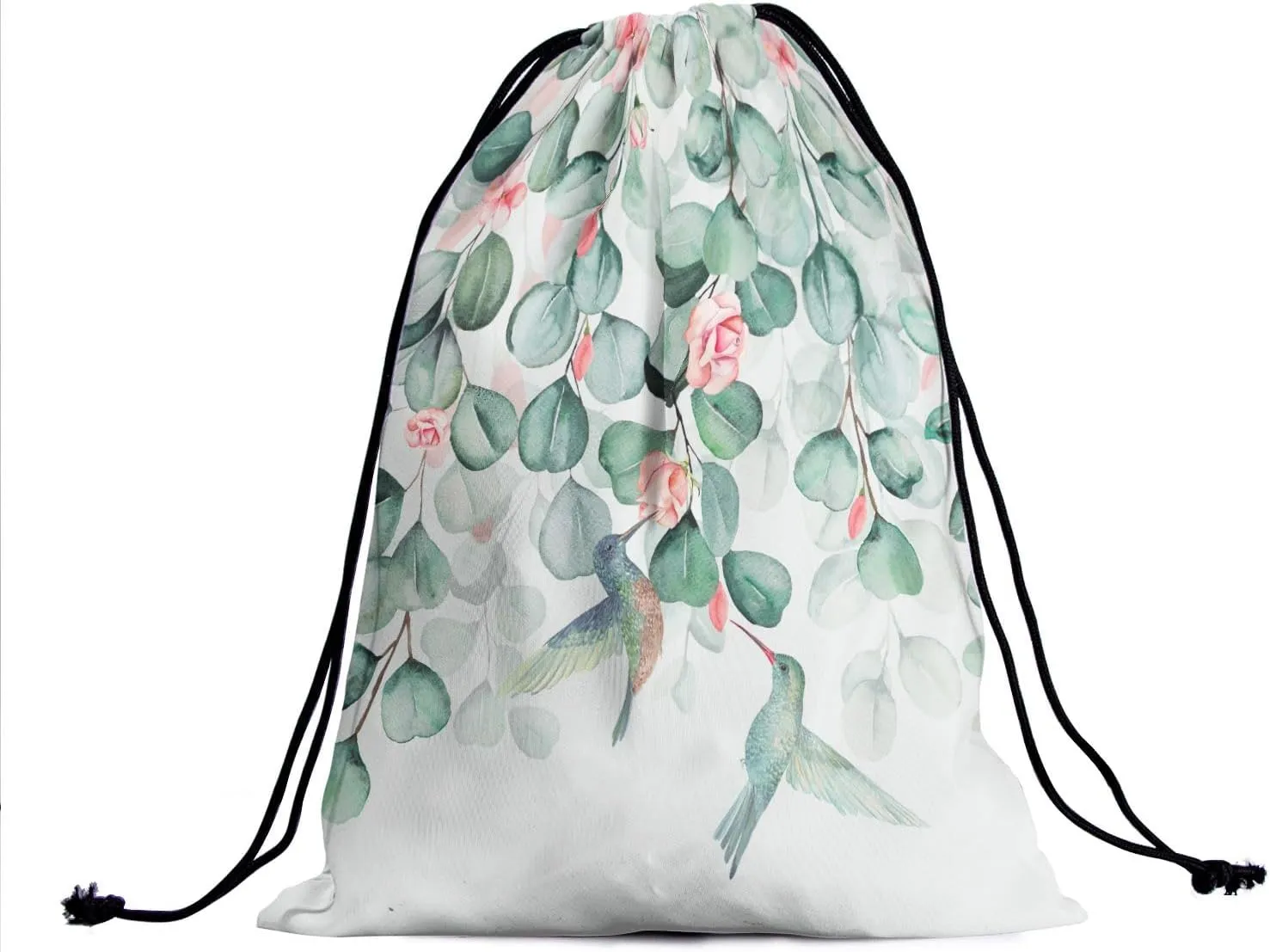 Watercolor Eucalyptus Leaves Grip Bag - Green Leaf Gymnastics Grip Bags Spring Hummingbird Drawstring Bag Cute Birds Flowers Pouch Bag Paint Artwork Athlete String Bag for Grips Shoe Towel