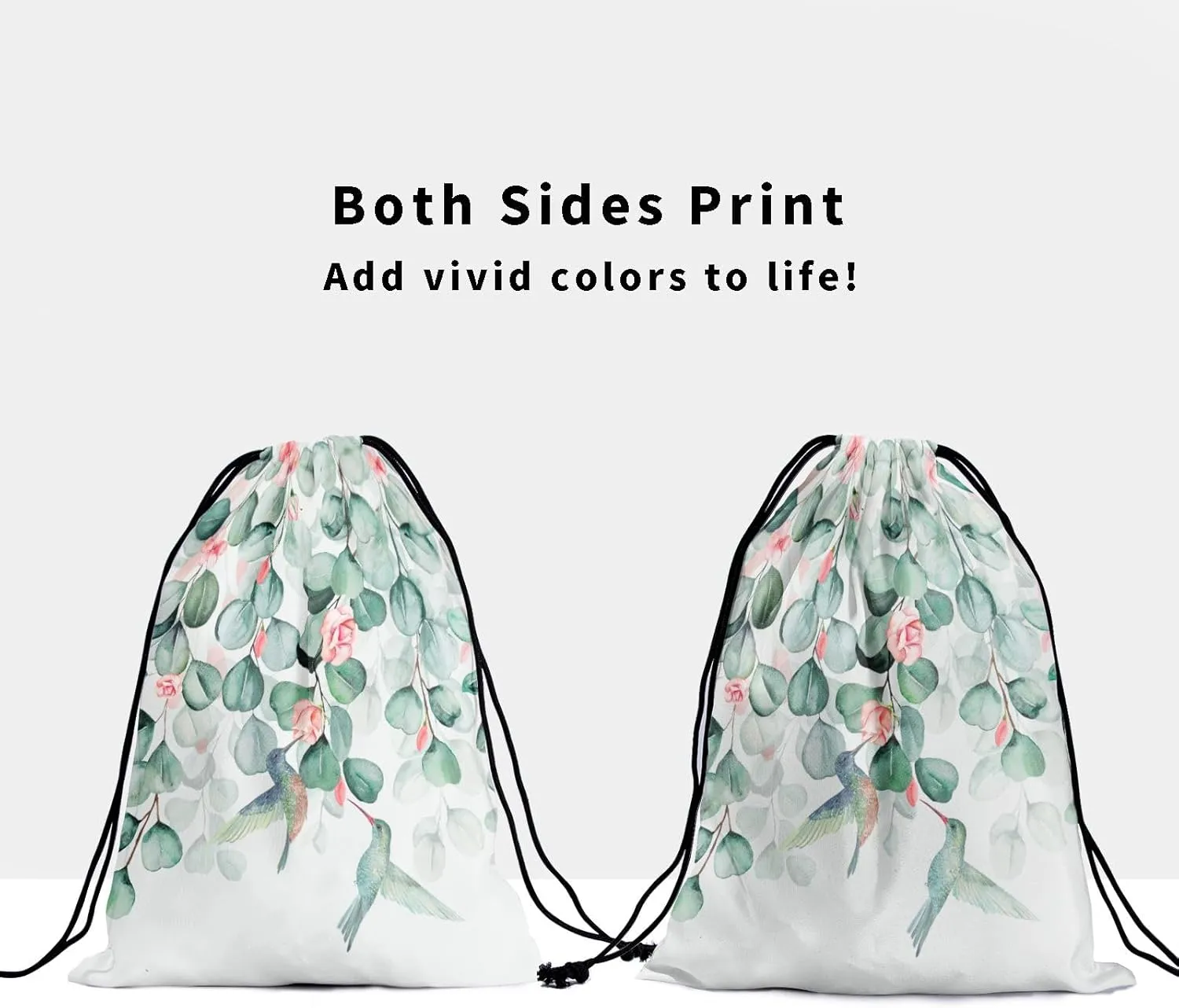 Watercolor Eucalyptus Leaves Grip Bag - Green Leaf Gymnastics Grip Bags Spring Hummingbird Drawstring Bag Cute Birds Flowers Pouch Bag Paint Artwork Athlete String Bag for Grips Shoe Towel