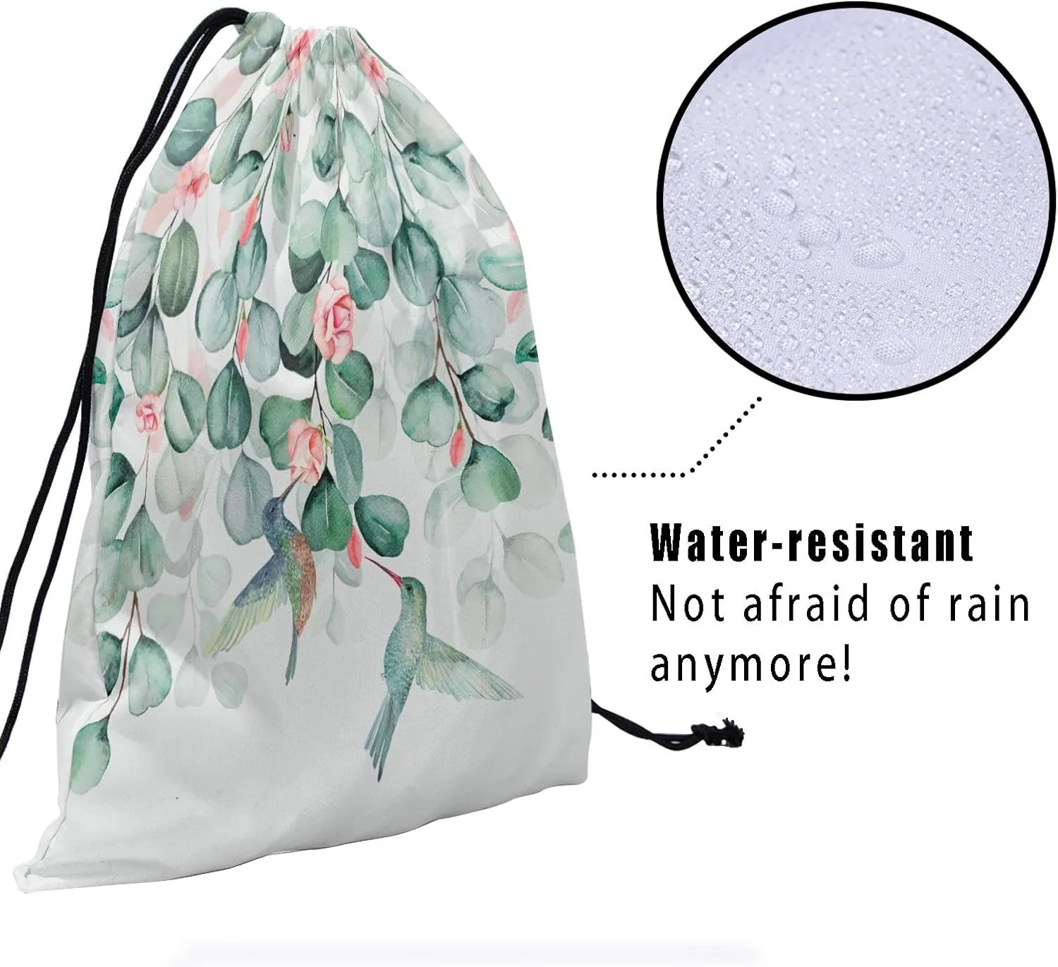 Watercolor Eucalyptus Leaves Grip Bag - Green Leaf Gymnastics Grip Bags Spring Hummingbird Drawstring Bag Cute Birds Flowers Pouch Bag Paint Artwork Athlete String Bag for Grips Shoe Towel