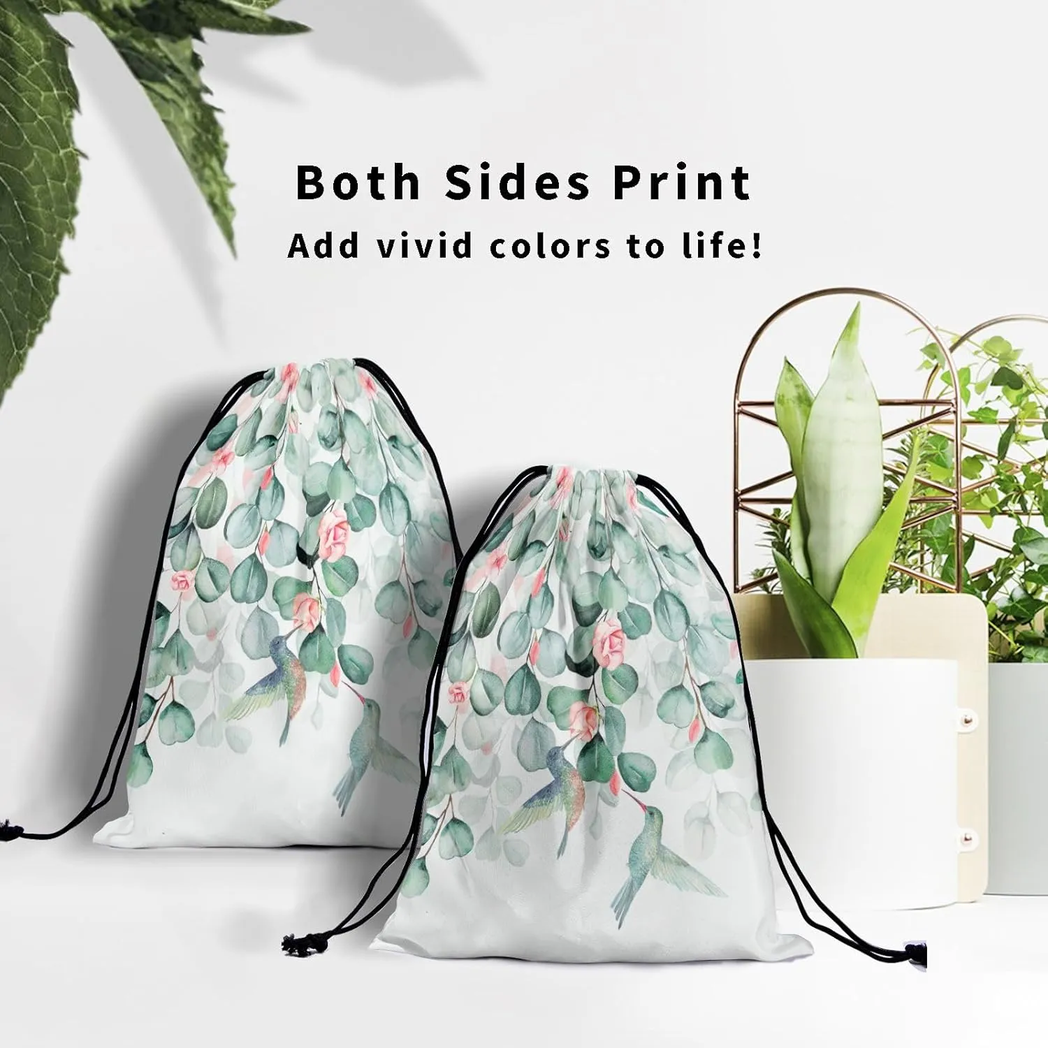 Watercolor Eucalyptus Leaves Grip Bag - Green Leaf Gymnastics Grip Bags Spring Hummingbird Drawstring Bag Cute Birds Flowers Pouch Bag Paint Artwork Athlete String Bag for Grips Shoe Towel