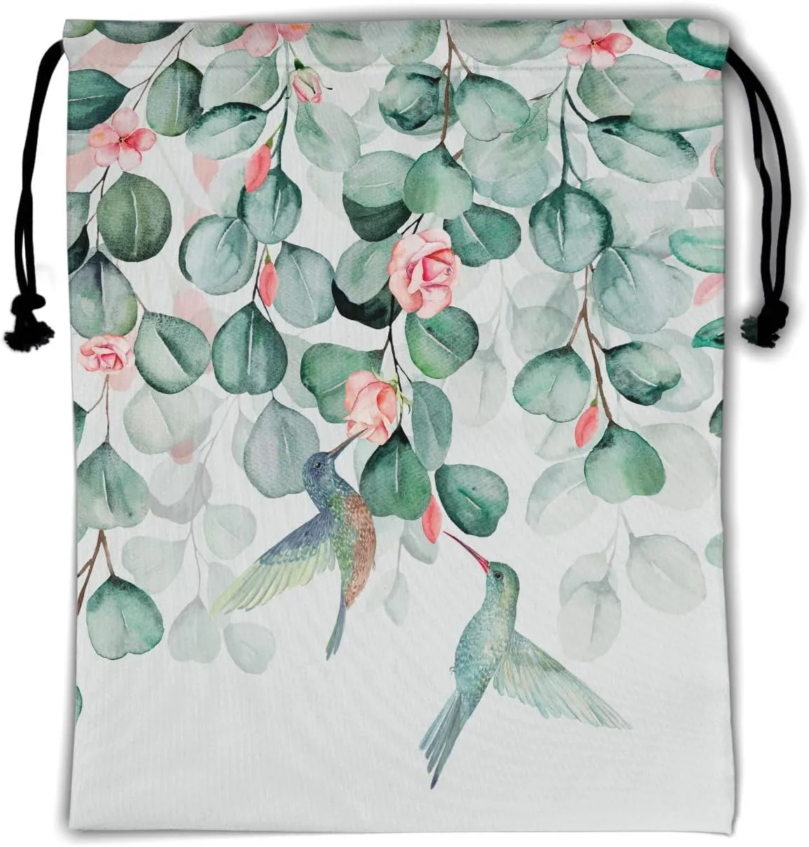 Watercolor Eucalyptus Leaves Grip Bag - Green Leaf Gymnastics Grip Bags Spring Hummingbird Drawstring Bag Cute Birds Flowers Pouch Bag Paint Artwork Athlete String Bag for Grips Shoe Towel