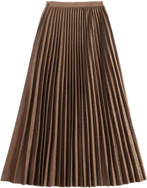 Women Pleated Midi Skirt Vintage Casual Solid A Line High Waist Mid-Length Skirt
