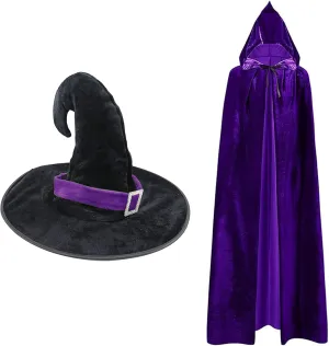 Women Witch Cloak and Hat Costume Set, Velvet Witch Hooded Long Cape Wizard Hat for Halloween Cosplay