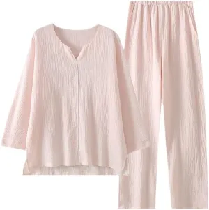Women's Crinkle Cotton Pajama Set Gauze Pj Set Long Sleeve Shirt Sleepwear 2 Piece Lounge Set