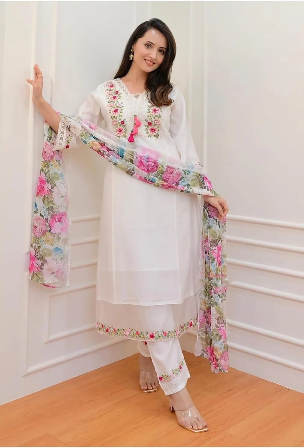 Women's Kurta Set Viscose Silk Embroidery A-line Kurta Pant Salwar Suit Set Kurta Set for Women