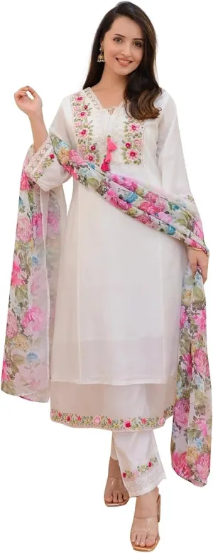 Women's Kurta Set Viscose Silk Embroidery A-line Kurta Pant Salwar Suit Set Kurta Set for Women