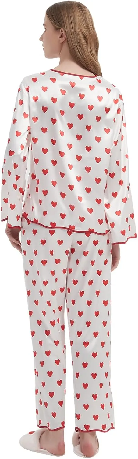 Women's Silk Satin Pajamas Set Pajamas Set Cute Heart Print Button Down Long Sleeve Pjs Set