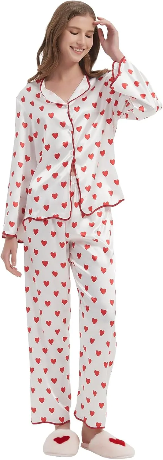 Women's Silk Satin Pajamas Set Pajamas Set Cute Heart Print Button Down Long Sleeve Pjs Set