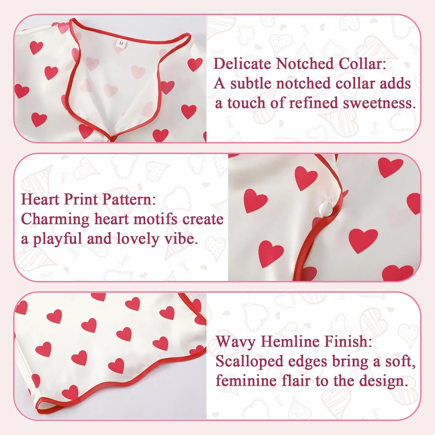 Women's Silk Satin Pajamas Set Pajamas Set Cute Heart Print Button Down Long Sleeve Pjs Set
