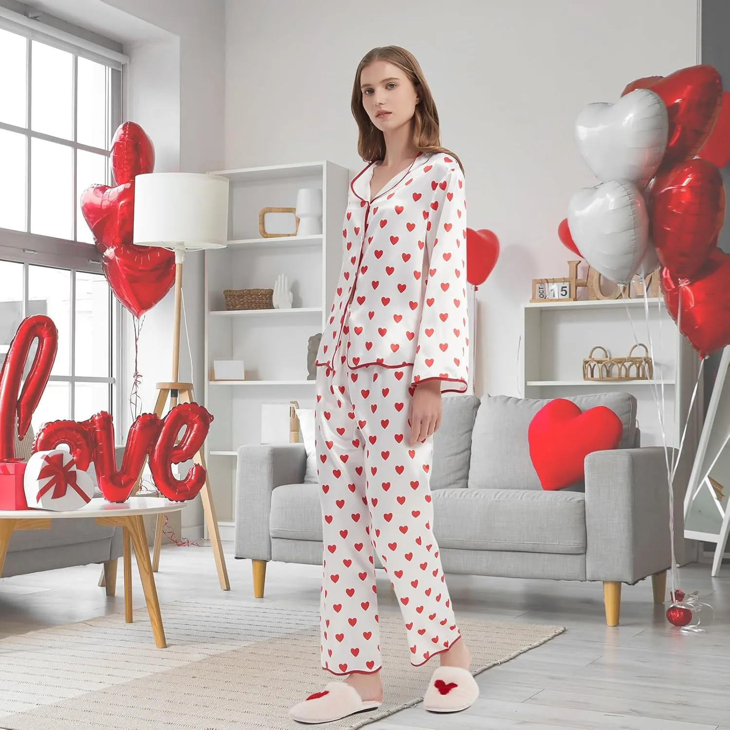 Women's Silk Satin Pajamas Set Pajamas Set Cute Heart Print Button Down Long Sleeve Pjs Set