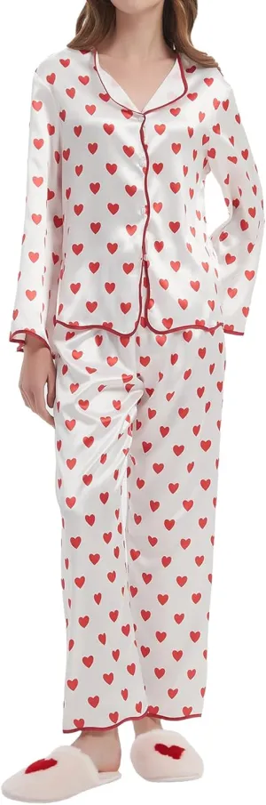 Women's Silk Satin Pajamas Set Pajamas Set Cute Heart Print Button Down Long Sleeve Pjs Set