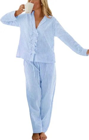 Womens Striped Pajama Set Bow Tie Front Cute Pj Set Long Sleeve Shirt and Wide Leg Comfy Lounge Set