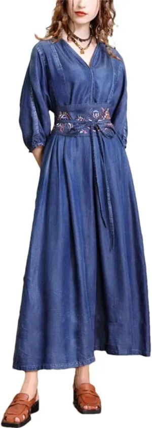 Womens V Neck High Waisted Retro Denim Dresses Three Quarter Sleeve Belt Embroidery Trendy Jean Dress