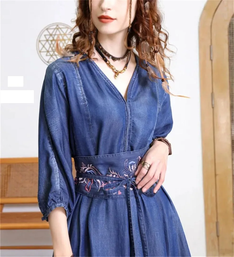 Womens V Neck High Waisted Retro Denim Dresses Three Quarter Sleeve Belt Embroidery Trendy Jean Dress