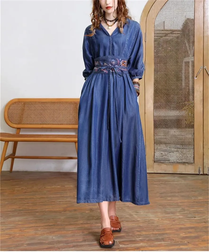 Womens V Neck High Waisted Retro Denim Dresses Three Quarter Sleeve Belt Embroidery Trendy Jean Dress