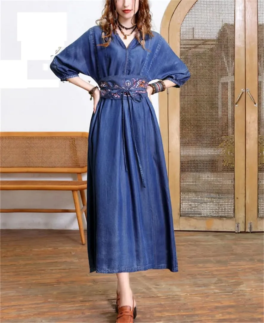 Womens V Neck High Waisted Retro Denim Dresses Three Quarter Sleeve Belt Embroidery Trendy Jean Dress