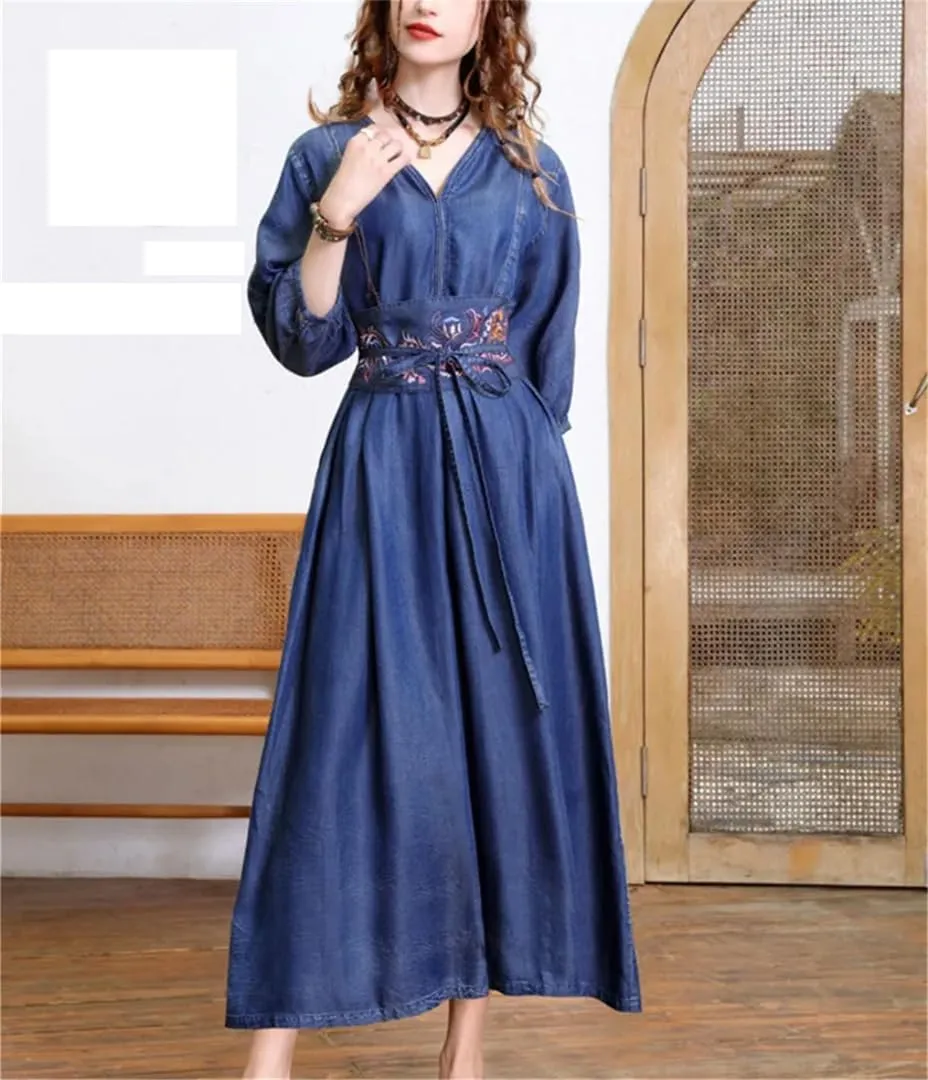 Womens V Neck High Waisted Retro Denim Dresses Three Quarter Sleeve Belt Embroidery Trendy Jean Dress