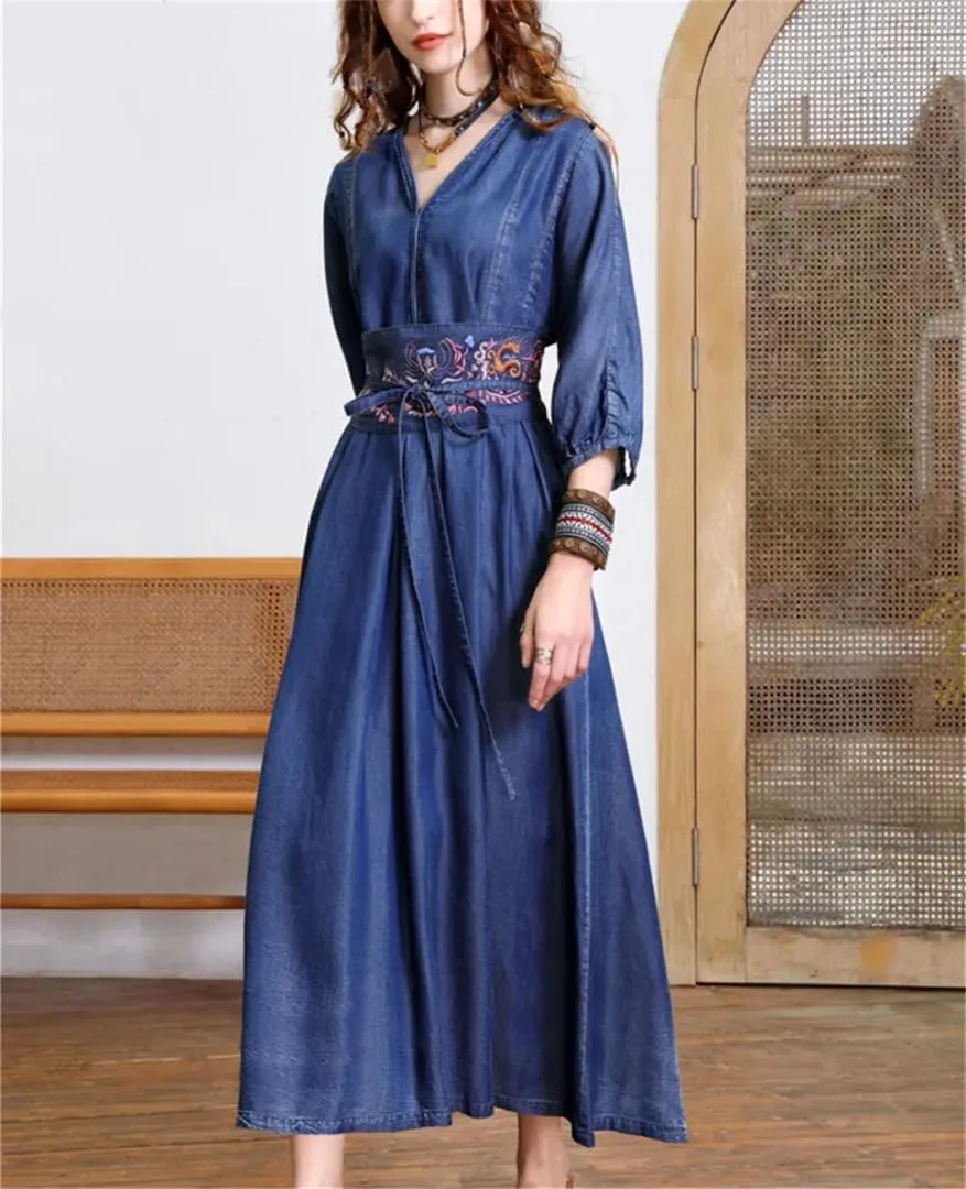 Womens V Neck High Waisted Retro Denim Dresses Three Quarter Sleeve Belt Embroidery Trendy Jean Dress