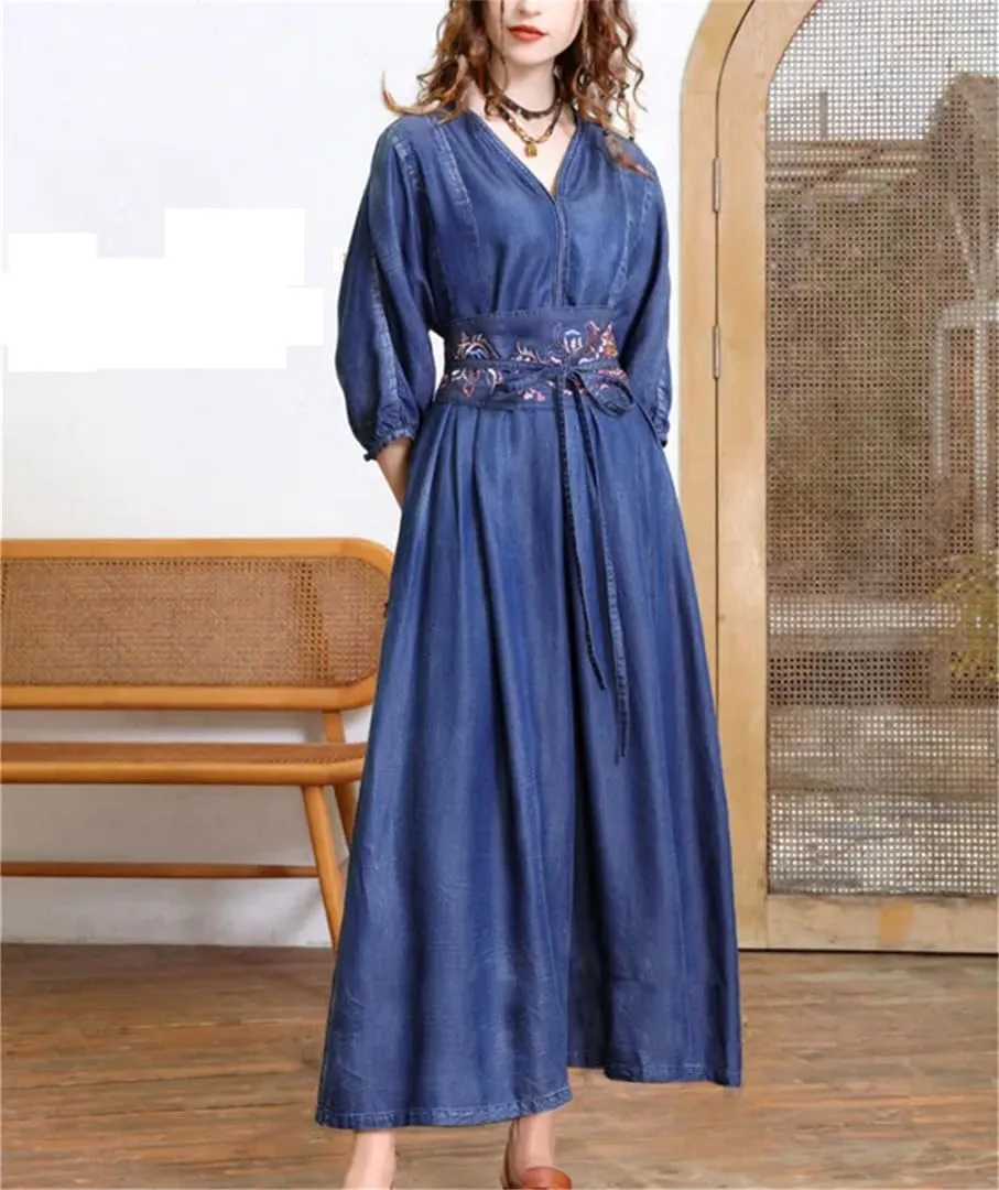 Womens V Neck High Waisted Retro Denim Dresses Three Quarter Sleeve Belt Embroidery Trendy Jean Dress