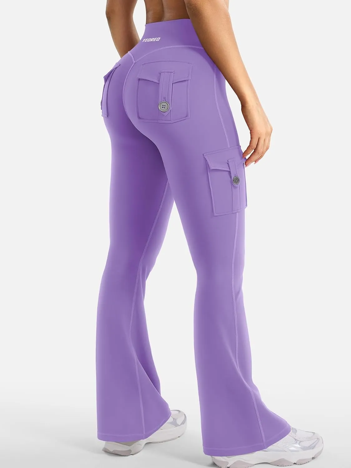 YEOREO CoreFlex Women Workout Flare Leggings with Pockets Hidden Scrunch High Waisted Cargo Gym Yoga No Front Seam Leggings