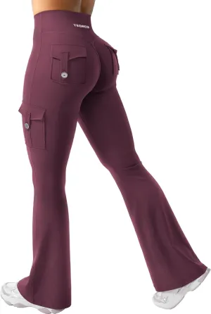 YEOREO CoreFlex Women Workout Flare Leggings with Pockets Hidden Scrunch High Waisted Cargo Gym Yoga No Front Seam Leggings