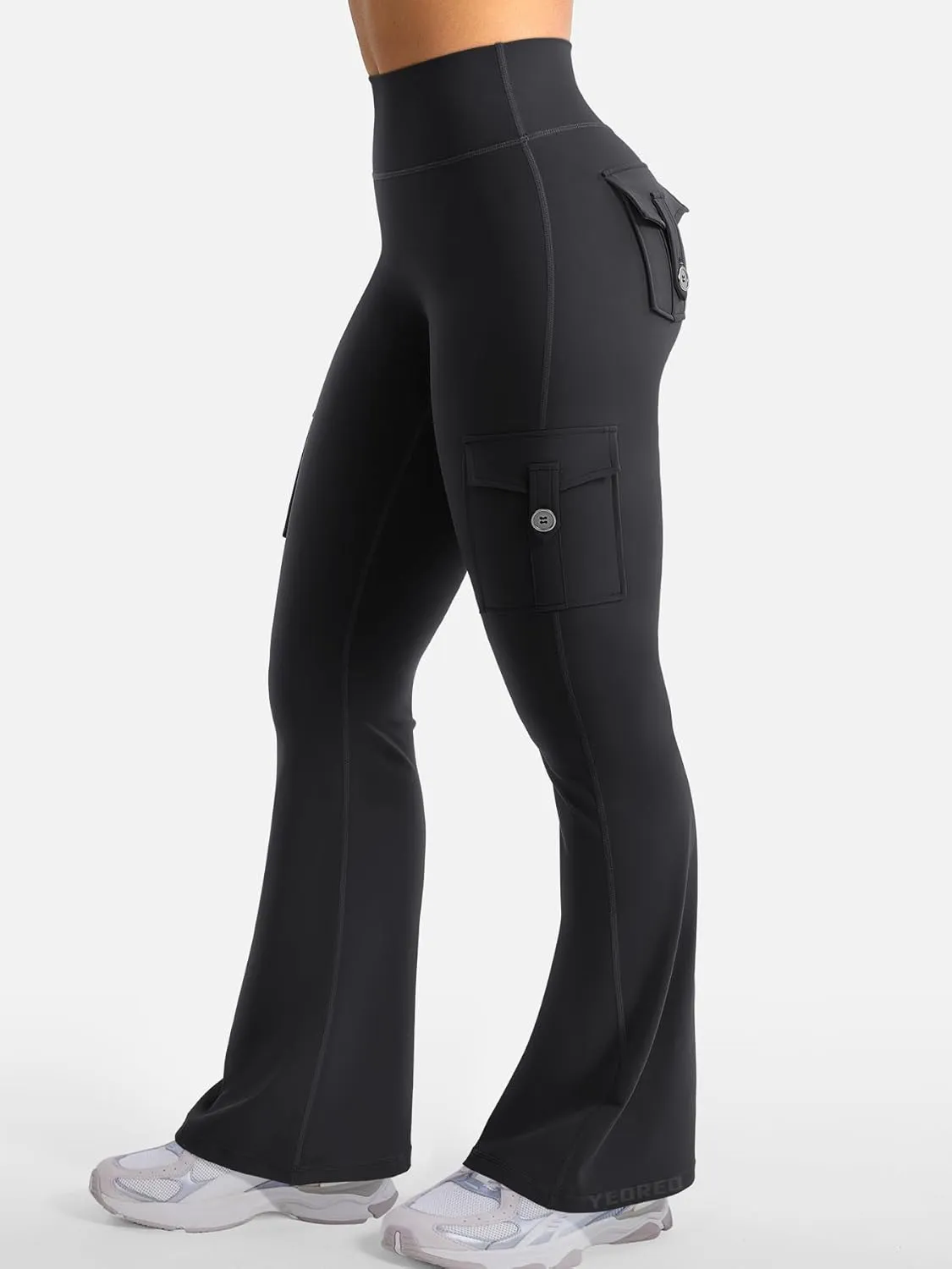 YEOREO CoreFlex Women Workout Flare Leggings with Pockets Hidden Scrunch High Waisted Cargo Gym Yoga No Front Seam Leggings