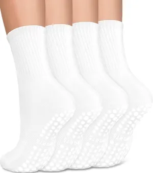 yeuG 4 Pairs Non Slip Pilates Socks with Grips for Women, Crew Grip Socks for Yoga, Barre, Hospital, Barefoot Workout