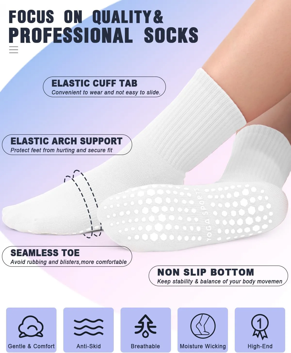 yeuG 4 Pairs Non Slip Pilates Socks with Grips for Women, Crew Grip Socks for Yoga, Barre, Hospital, Barefoot Workout