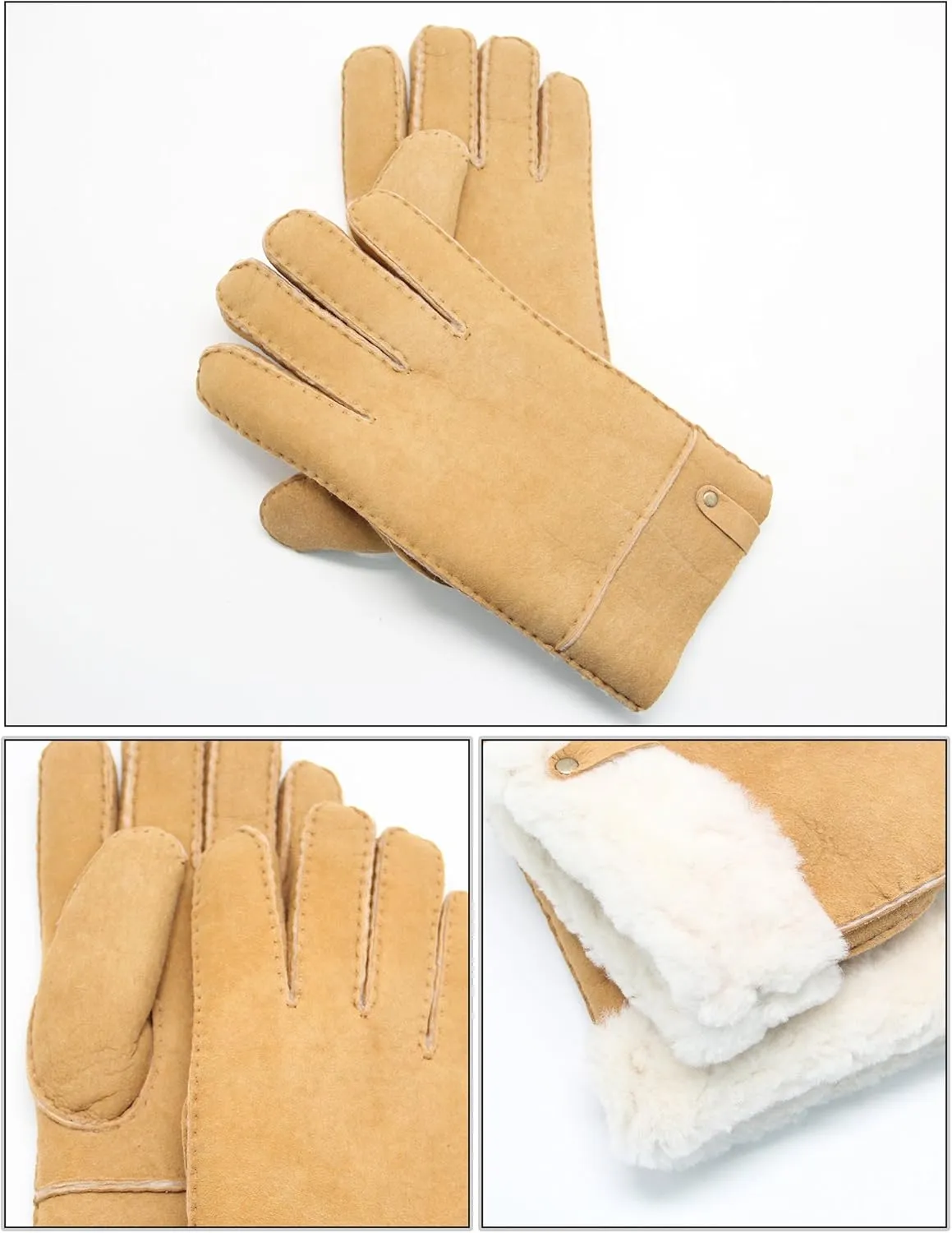 YISEVEN Men's Merino Rugged Lambskin Shearling Leather Gloves Flip Cuff